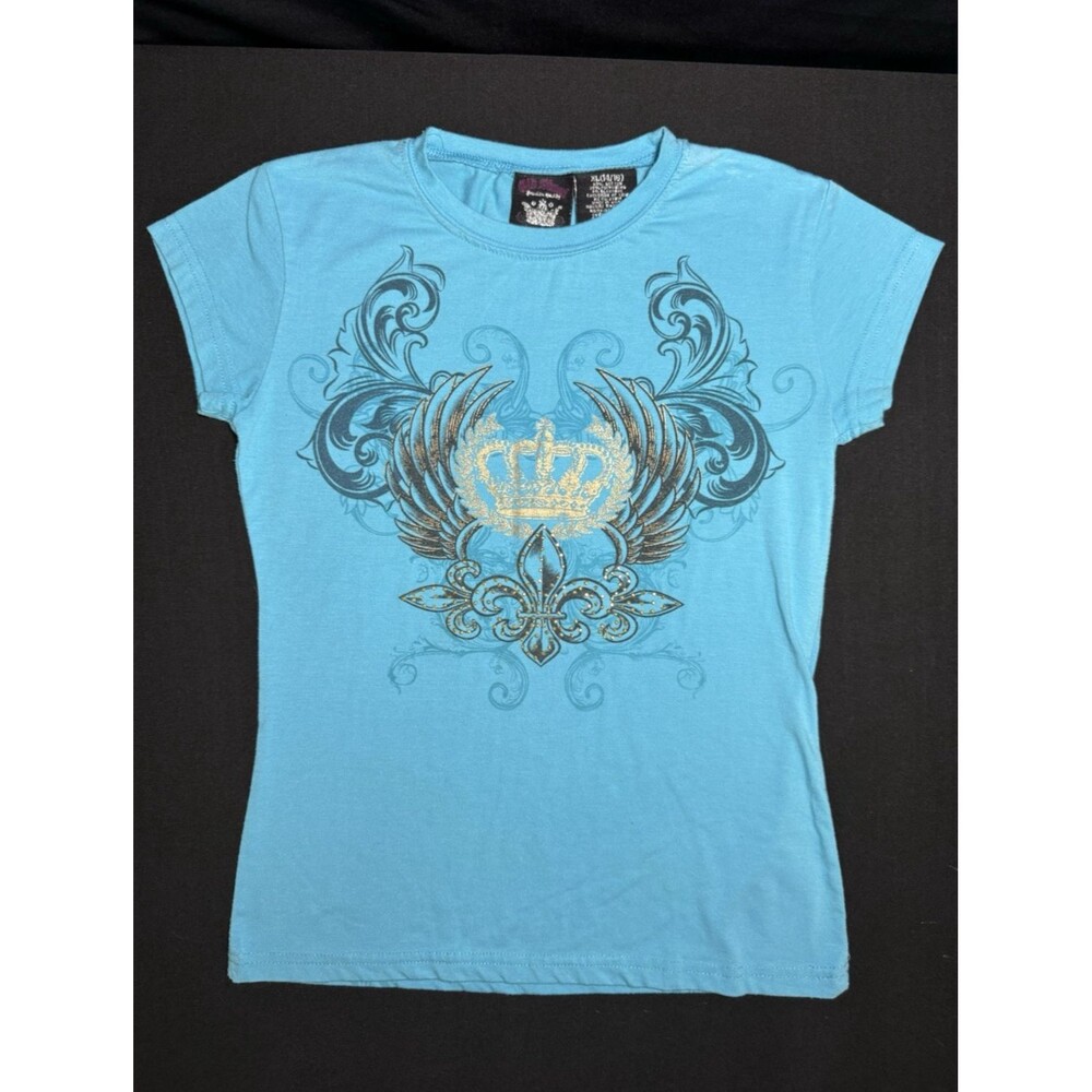 Y2K Mcbling Crown Wings Studded Old Skool Grahic Baby Tee AOP Juniors XL